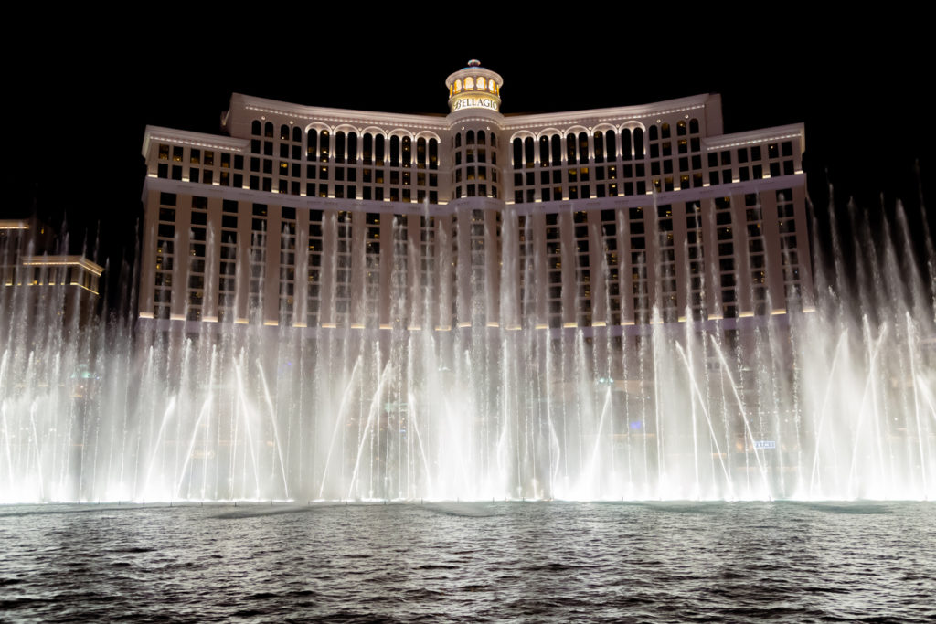 The Bellagio fountain water show at night
